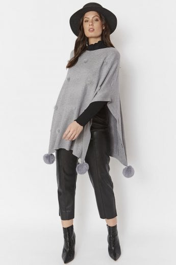 JAYLEY Grey Fine Knit Cashmere Blend Pom Pom Poncho