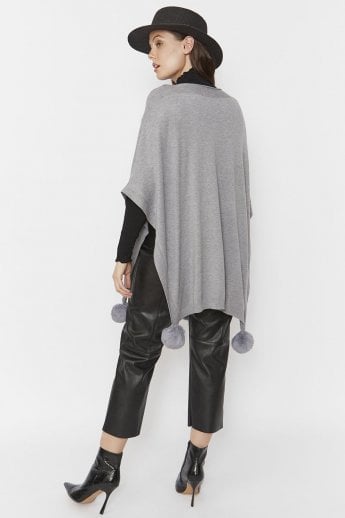 JAYLEY Grey Fine Knit Cashmere Blend Pom Pom Poncho