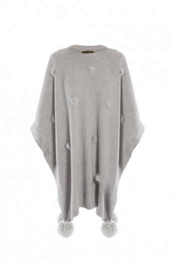 JAYLEY Grey Fine Knit Cashmere Blend Pom Pom Poncho