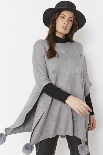 JAYLEY Grey Fine Knit Cashmere Blend Pom Pom Poncho