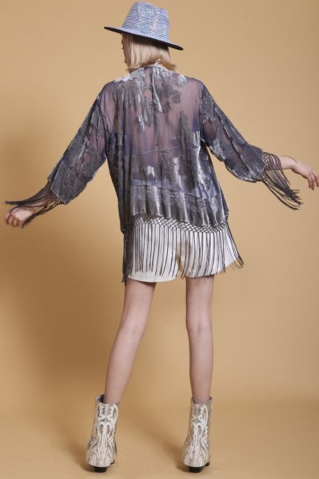 JAYLEY Grey Floral Print Silk Devore Jacket