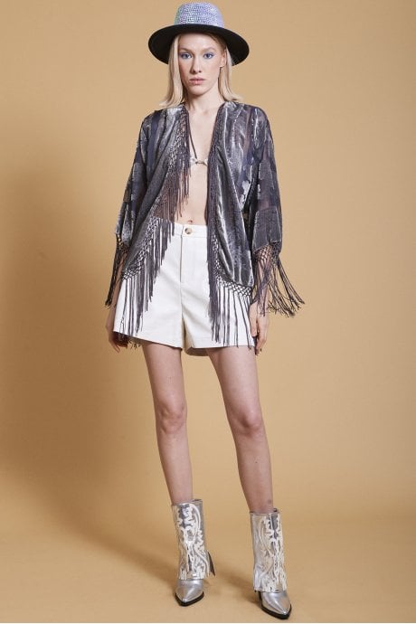 JAYLEY Grey Floral Print Silk Devore Jacket