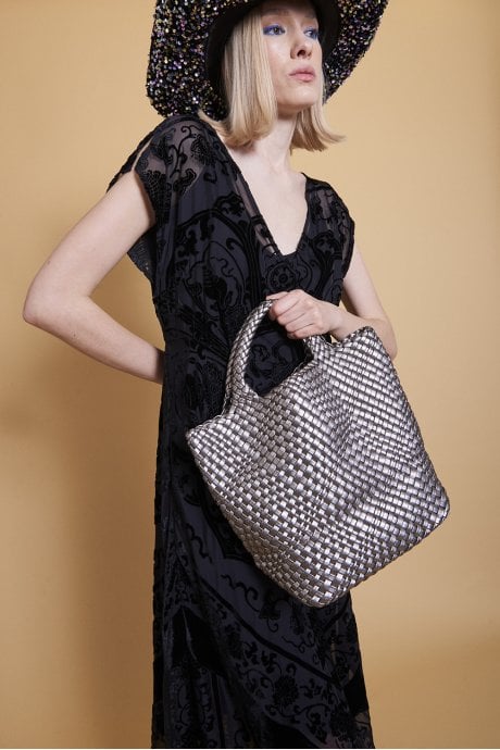 JAYLEY Grey Hand Knitted ECO Leather Tote Bag with Matching Purse