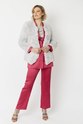 JAYLEY Grey Hand Knitted Faux Fur Coat