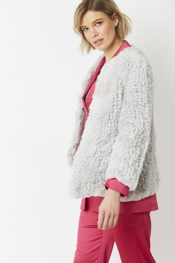 JAYLEY Grey Hand Knitted Faux Fur Coat