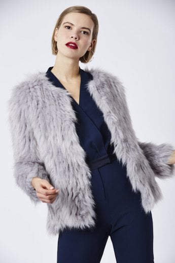 JAYLEY Grey Hand Knitted Faux Fur Jacket