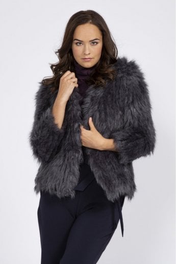 JAYLEY Grey Hand Knitted Faux Fur Jacket