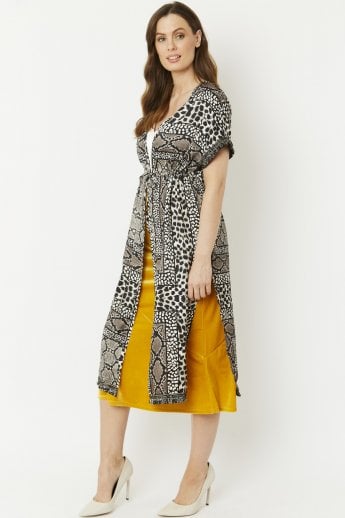 JAYLEY Grey Mixed Animal Print Silk Blend Tie-Waist Kimono