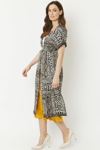 JAYLEY Grey Mixed Animal Print Silk Blend Tie-Waist Kimono