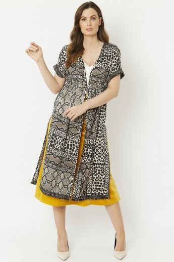 JAYLEY Grey Mixed Animal Print Silk Blend Tie-Waist Kimono