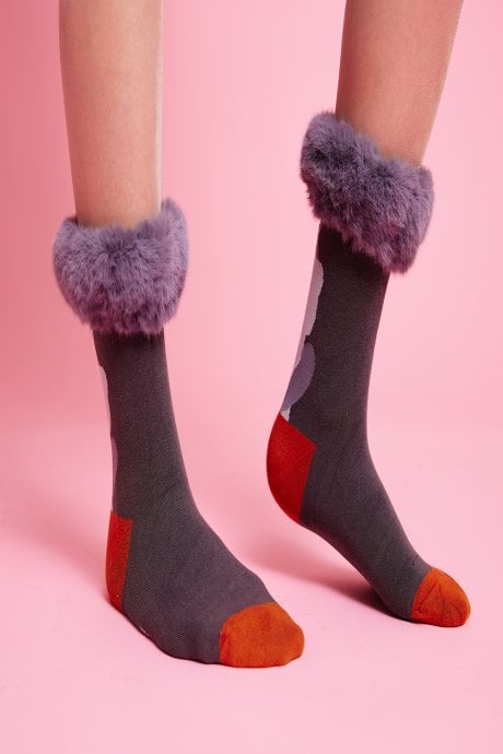 JAYLEY Grey Silk Blend Socks with Faux Fur Trim
