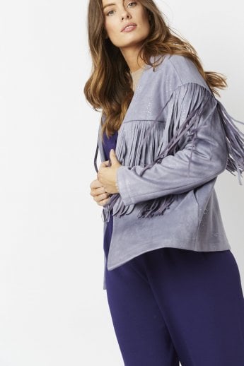 JAYLEY Grey Starlight Tassel Glitter Faux Suede Jacket