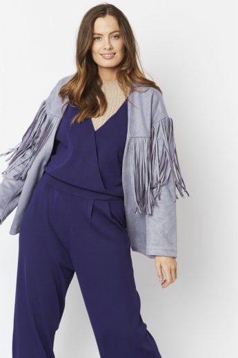 JAYLEY Grey Starlight Tassel Glitter Faux Suede Jacket