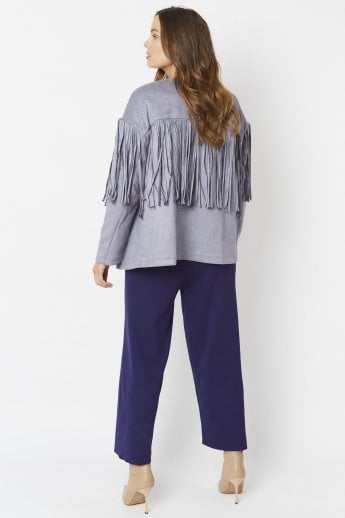 JAYLEY Grey Starlight Tassel Glitter Faux Suede Jacket