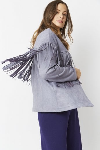 JAYLEY Grey Starlight Tassel Glitter Faux Suede Jacket