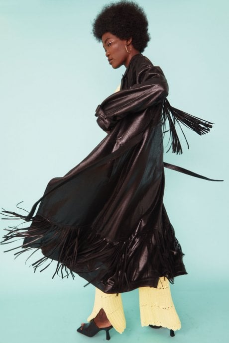 JAYLEY Hand Crafted Tassel Trench Coat In Metallic Bronzed Black