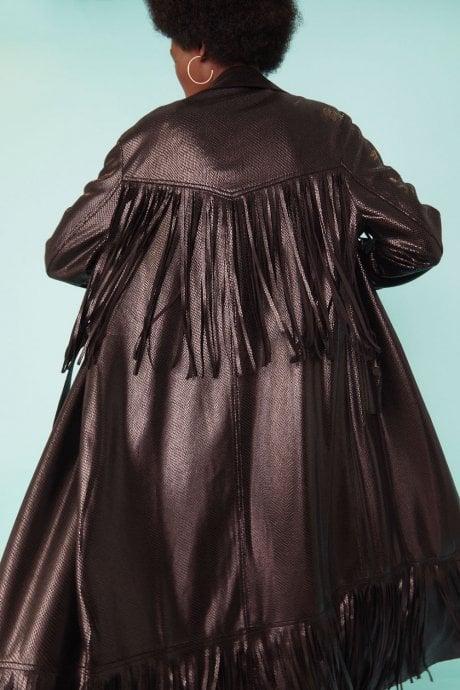 JAYLEY Hand Crafted Tassel Trench Coat In Metallic Bronzed Black