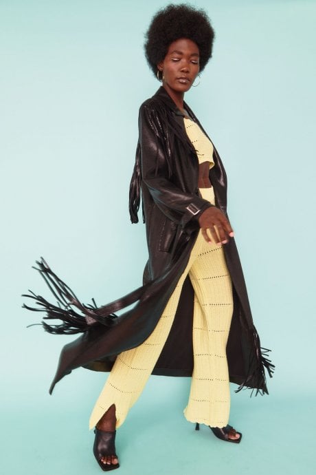 JAYLEY Hand Crafted Tassel Trench Coat in Metallic Bronzed Black