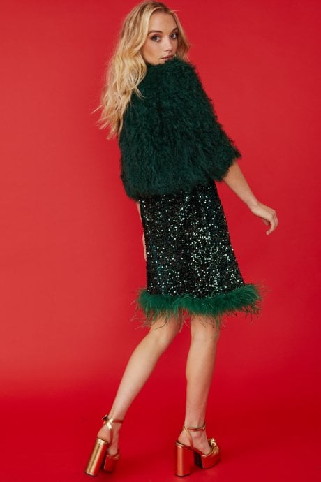 JAYLEY Hand Knitted Green Faux Fur Cropped Jacket
