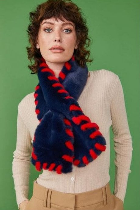 JAYLEY Hand Made Blue Faux Fur Scarf with Red Woven