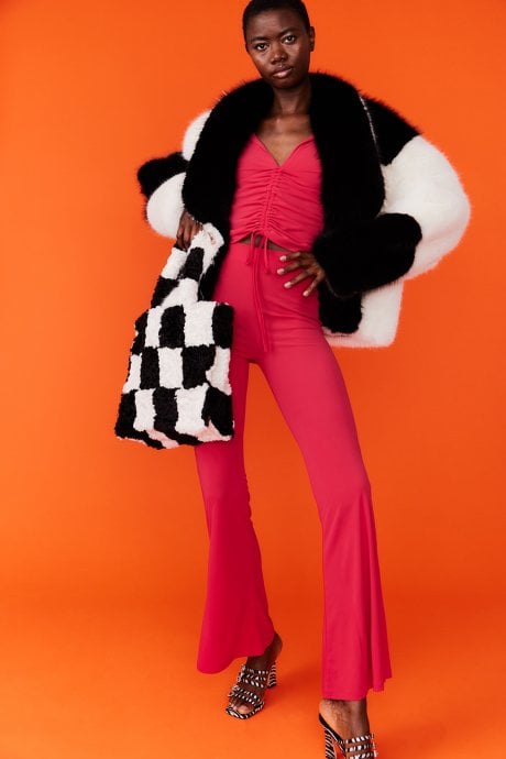 JAYLEY Hand Made Faux Shearling Checkered Tote Tablet Bag In Black And White