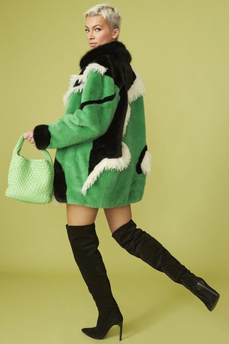 JAYLEY Hand Made Green Mixed Mongolian And Faux Fur Coat