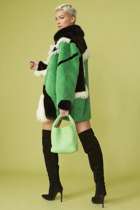 JAYLEY Hand Made Green Mixed Mongolian And Faux Fur Coat