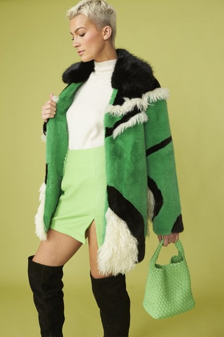 JAYLEY Hand Made Green Mixed Mongolian and Faux Fur Coat