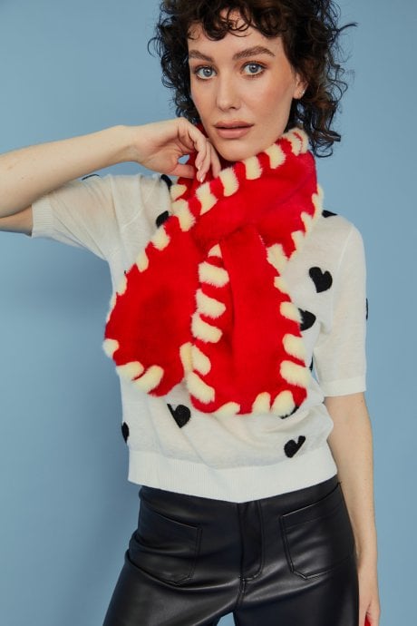 JAYLEY Hand Made Red Faux Fur Scarf with White Woven