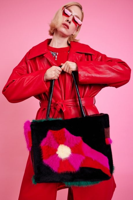 JAYLEY Handmade Bamboo Floral Faux Fur Bag