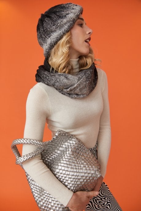 JAYLEY Handmade Knitted Wooly Scarf And Hat Set In Black And White Ombre