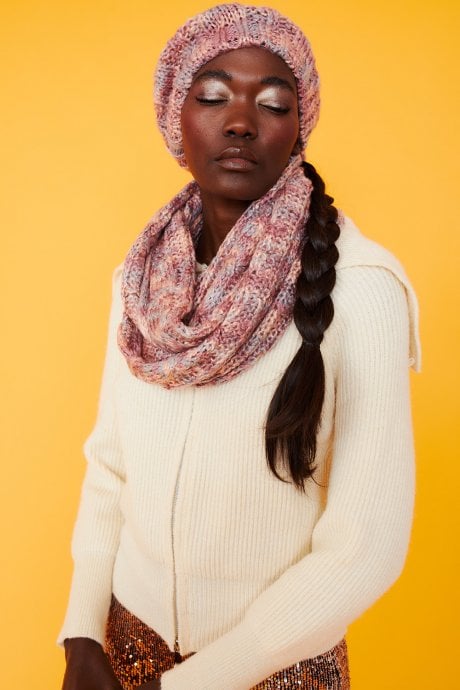 JAYLEY Handmade Knitted Wooly Scarf And Hat Set In Pink Tones