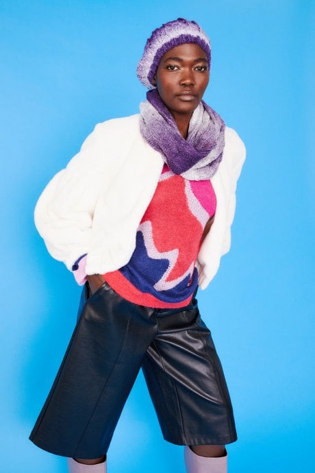 JAYLEY Handmade Knitted Wooly Scarf and Hat Set in White and Purple