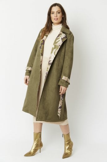 JAYLEY Khaki Camouflage Faux Suede Trench