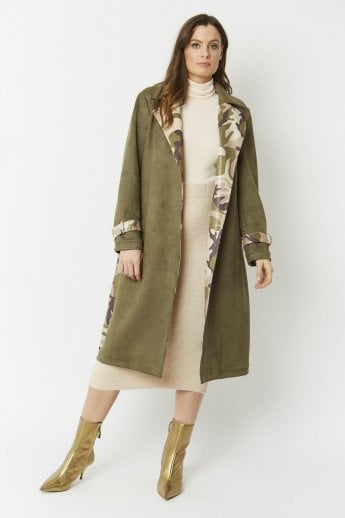 JAYLEY Khaki Camouflage Faux Suede Trench