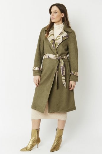 JAYLEY Khaki Camouflage Faux Suede Trench