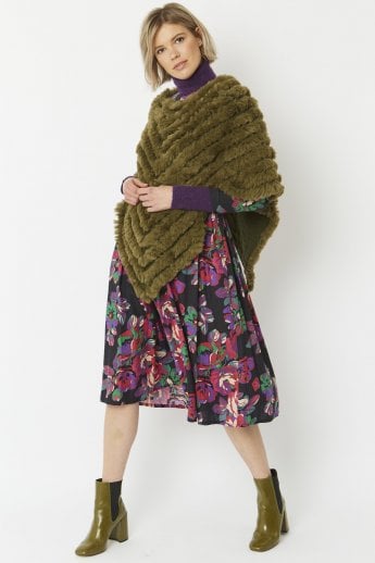 JAYLEY Khaki Cashmere Blend Faux Fur Poncho