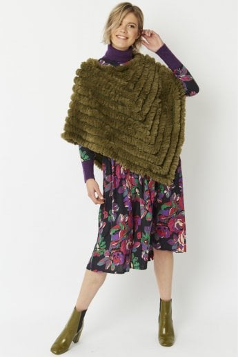 JAYLEY Khaki Cashmere Blend Faux Fur Poncho