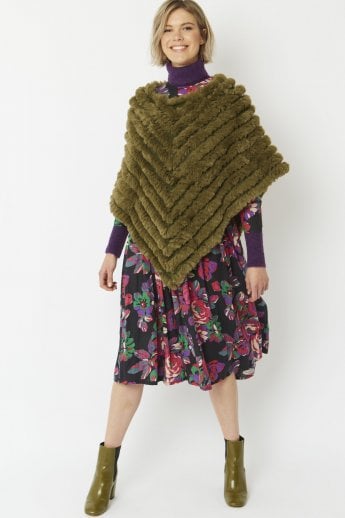 JAYLEY Khaki Cashmere Blend Faux Fur Poncho