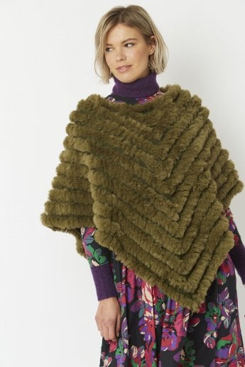 JAYLEY Khaki Cashmere Blend Faux Fur Poncho