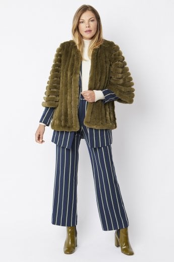 JAYLEY Khaki Faux Fur Striped Coat