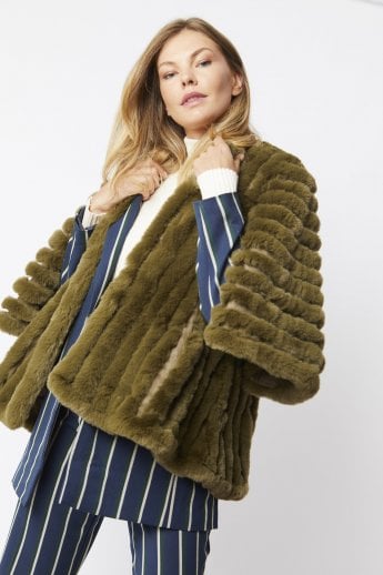 JAYLEY Khaki Faux Fur Striped Coat