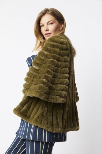 JAYLEY Khaki Faux Fur Striped Coat
