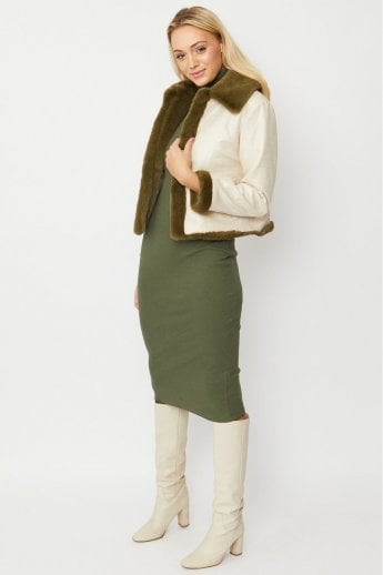 JAYLEY Khaki Faux Suede Check Jacket With Faux Fur Trim
