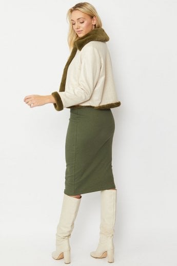 JAYLEY Khaki Faux Suede Check Jacket With Faux Fur Trim