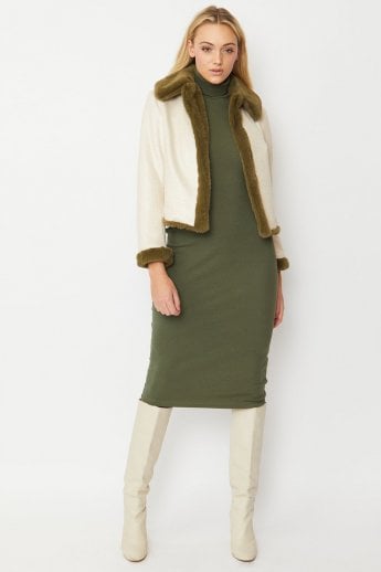 JAYLEY Khaki Faux Suede Check Jacket with Faux Fur Trim