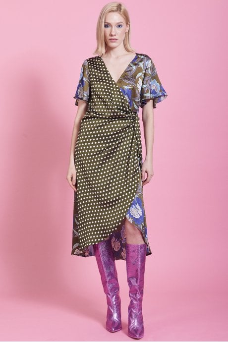 JAYLEY Khaki Mixed Print Silk Blend Wrap Dress