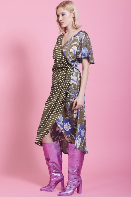 JAYLEY Khaki Mixed Print Silk Blend Wrap Dress