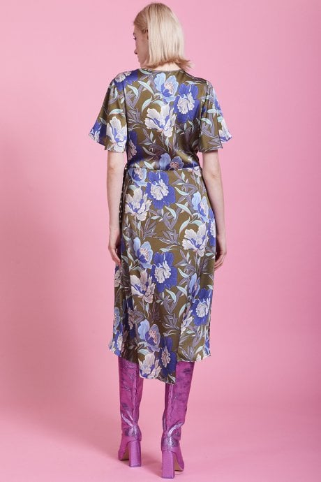 JAYLEY Khaki Mixed Print Silk Blend Wrap Dress