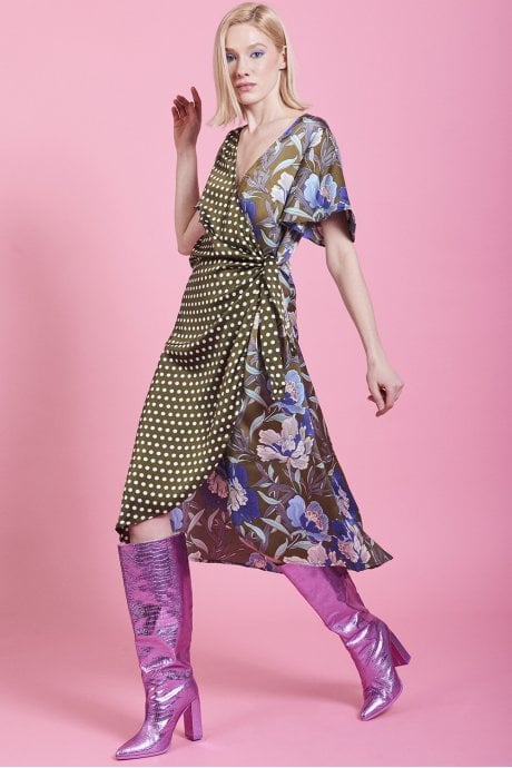 JAYLEY Khaki Mixed Print Silk Blend Wrap Dress